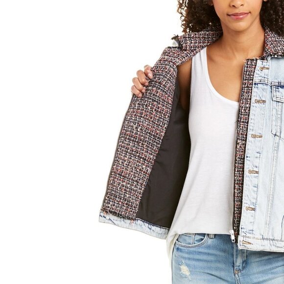 NWT Current / Elliott contrasting denim & tweed short light wash jean jacket - Picture 8 of 16